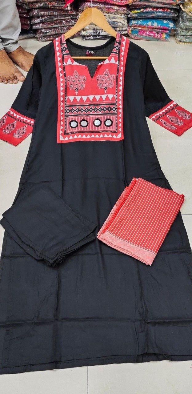 Black Rani By Fvd Rayon Mirror Work Designer Kurti With Bottom Dupatta Order In India

